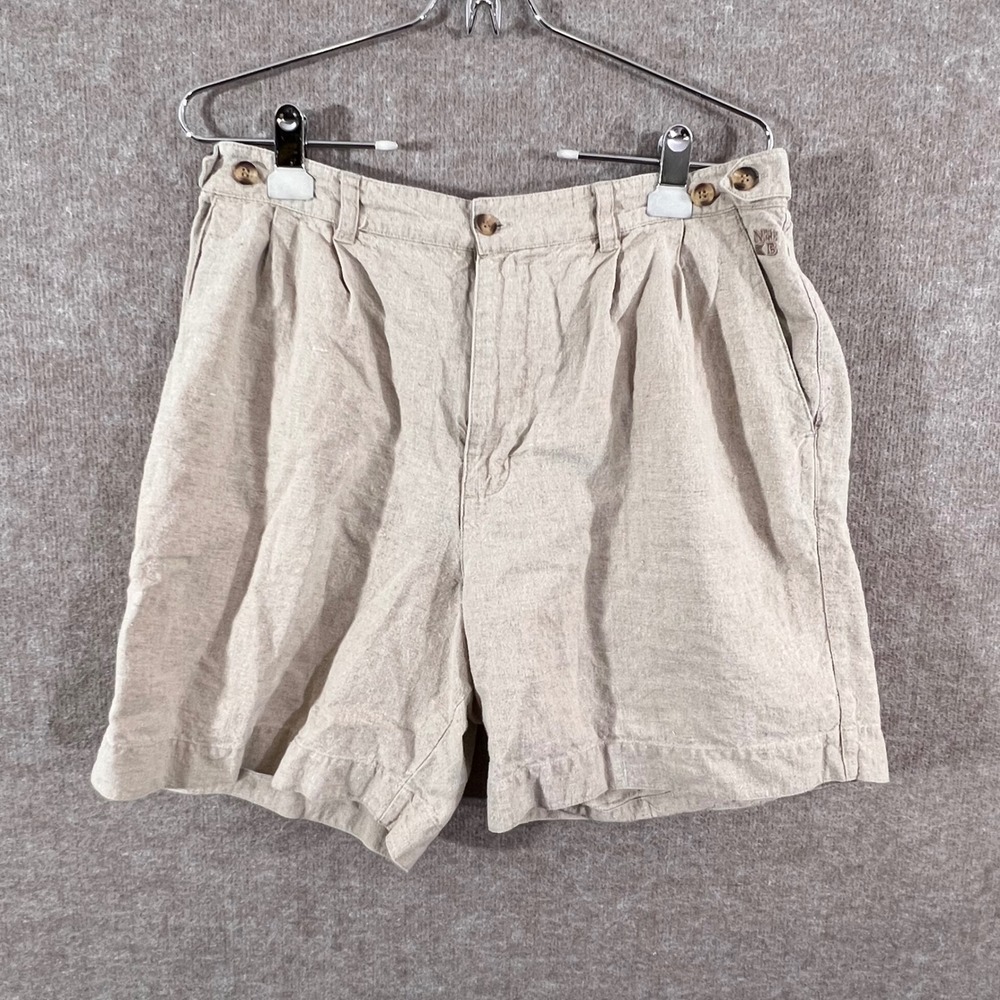 Linen Blend Shorts Mens Large Pleated Coastal Lightweight Summer Tan